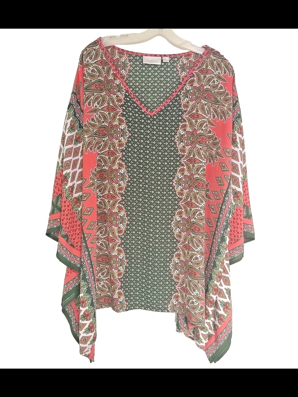 Belle by Kim Gravel Coral and Green Paisley Poncho Top
